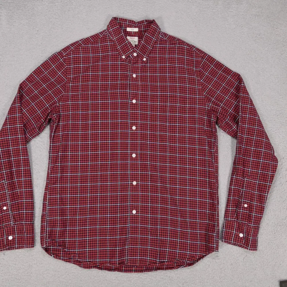 J Crew Oxford Shirt Mens Large SLIM Fit Orange Blue Plaid Button Up Long Sleeve